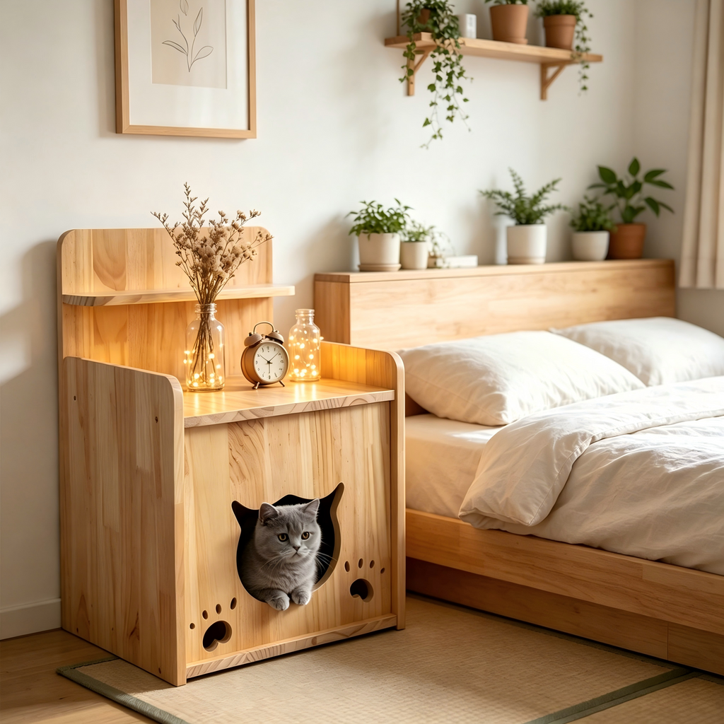 Solid Wood Cat Bedside Table, 2-in-1 Indoor Cat House & Nightstand