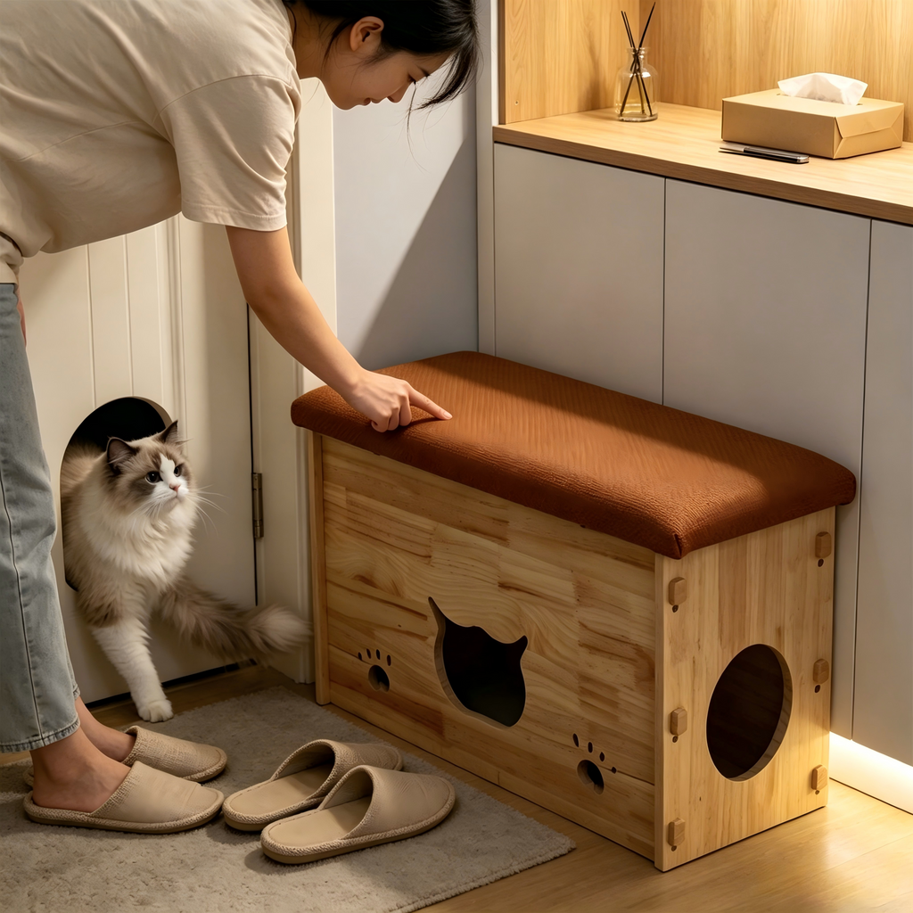 Solid Wood Cat House Bench, Multi-Purpose Entryway Shoe Bench for Cats