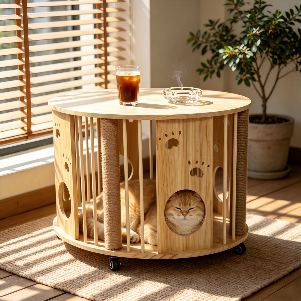 Large Solid Wood Cat Coffee Table, Modern Cat Cave with Scratching Posts