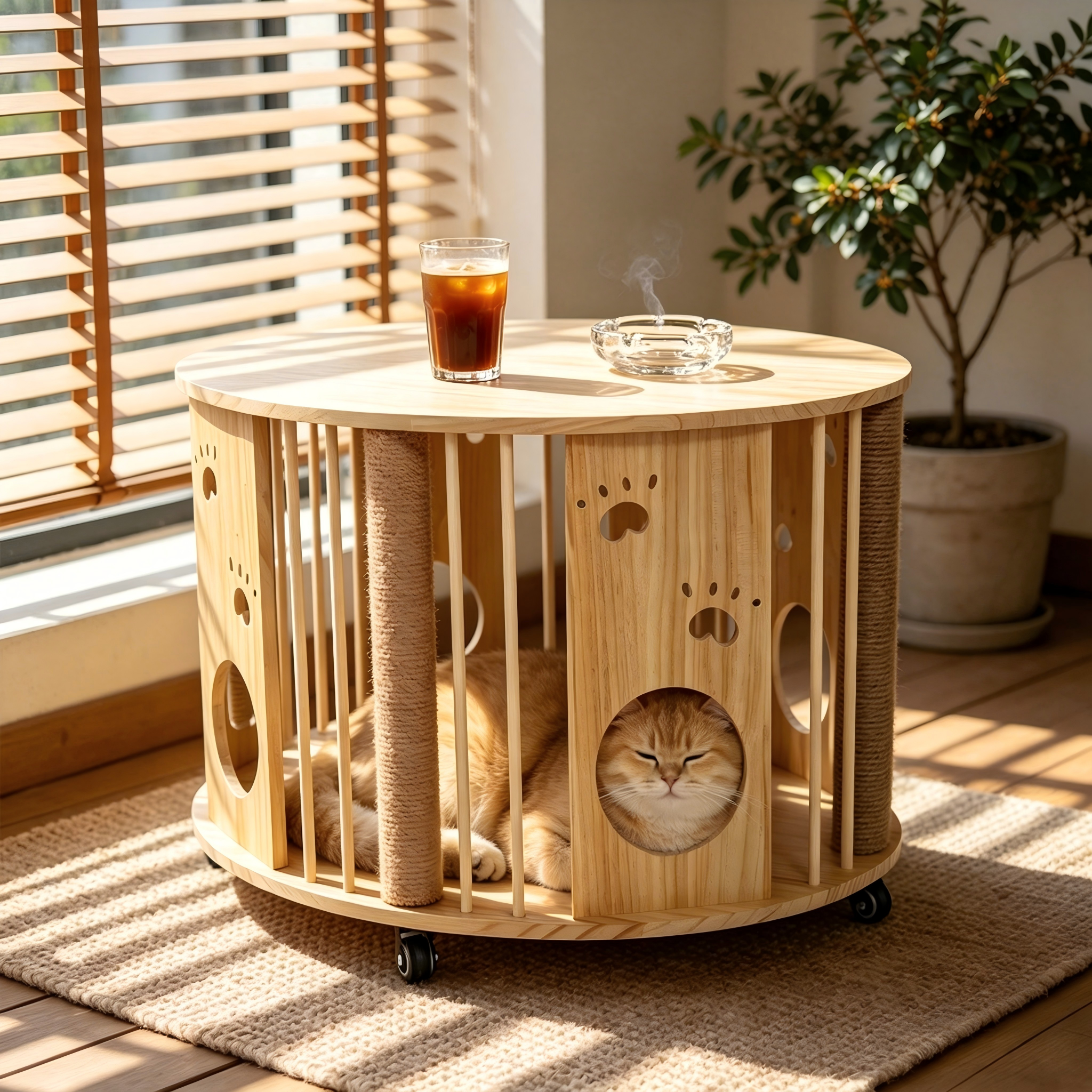 Large Solid Wood Cat Coffee Table, Modern Cat Cave with Scratching Posts