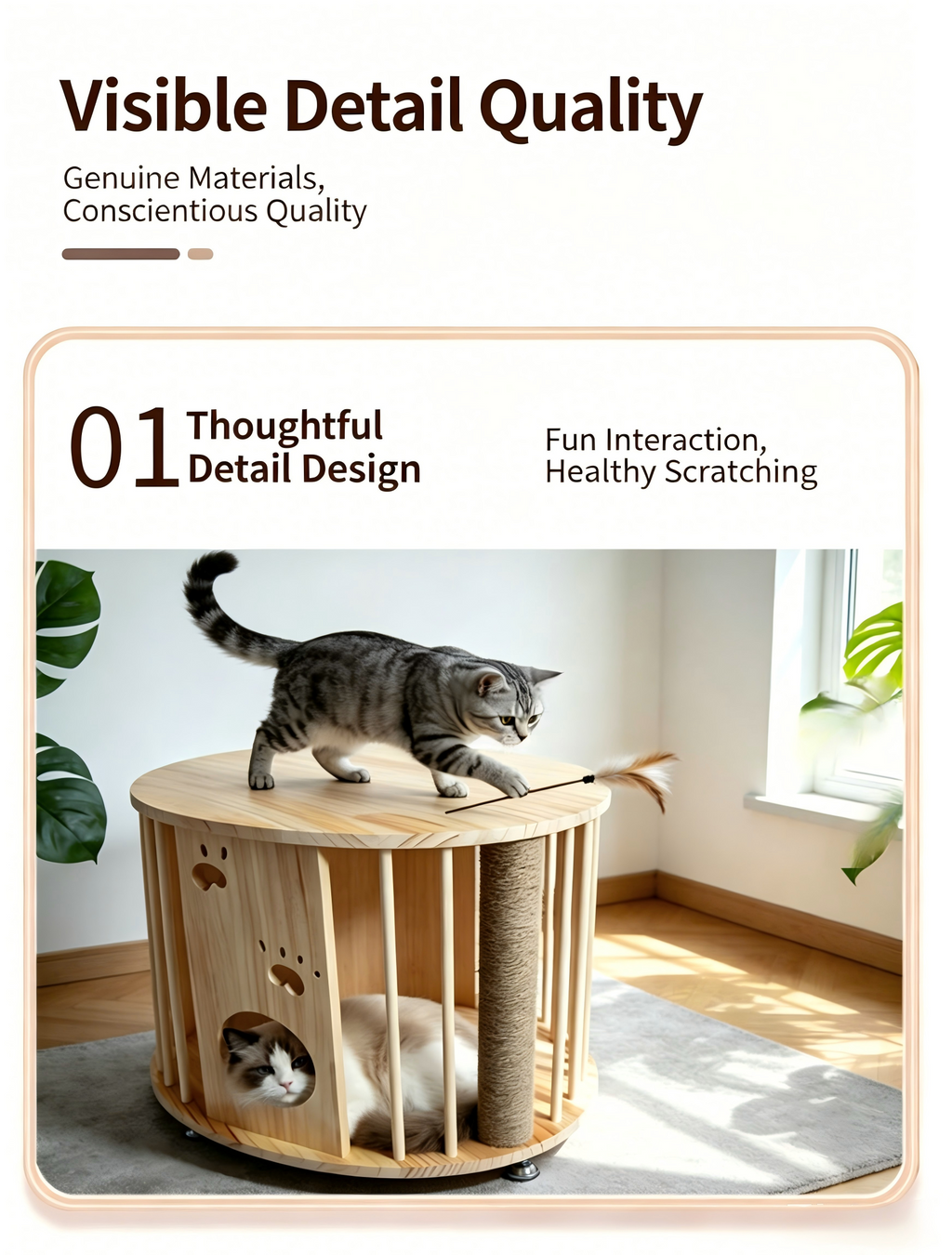 Large Solid Wood Cat Coffee Table, Modern Cat Cave with Scratching Posts