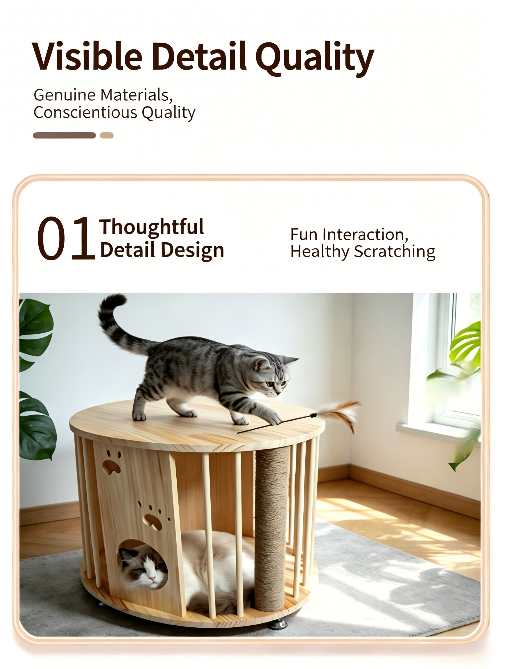 Large Solid Wood Cat Coffee Table, Modern Cat Cave with Scratching Posts