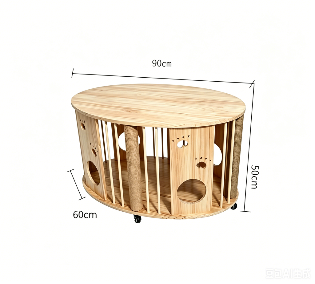 Large Solid Wood Cat Coffee Table, Modern Cat Cave with Scratching Posts