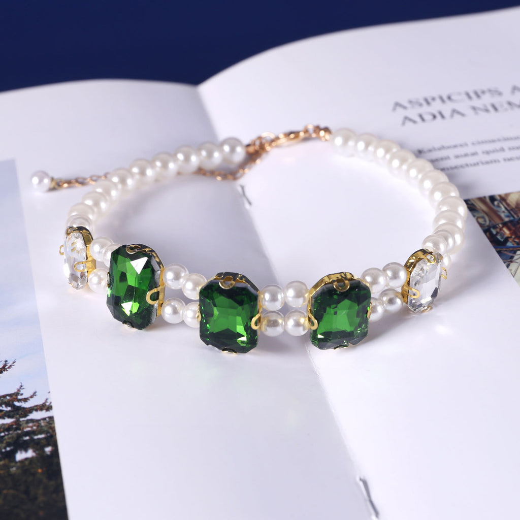 Luxury Rhinestone Pearl Cat Collar, Bling Gem Crystal Pet Necklace, Adjustable Elegant Kitten Puppy Dress Up Jewelry Collar for Small Pets