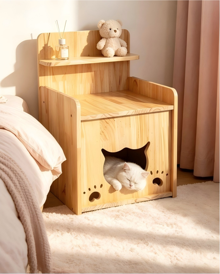 Solid Wood Cat Bedside Table, 2-in-1 Indoor Cat House & Nightstand