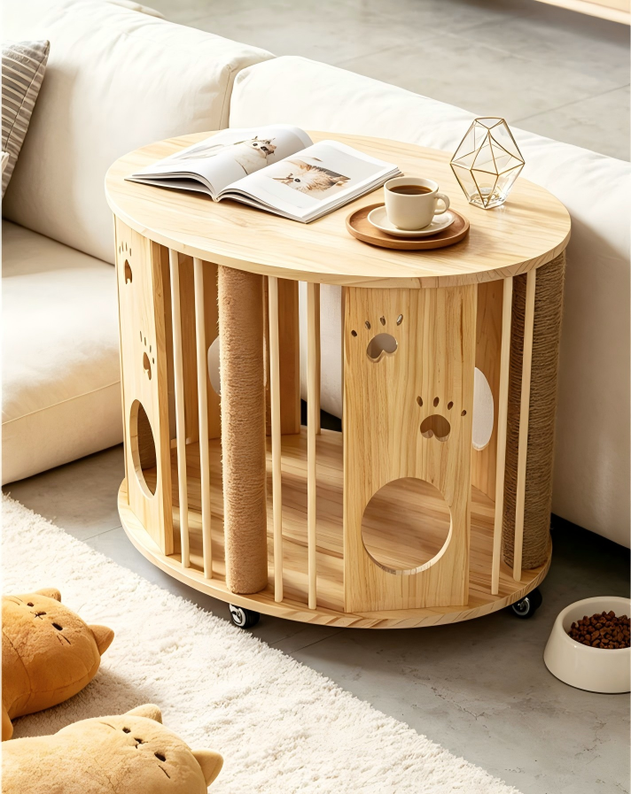 Large Solid Wood Cat Coffee Table, Modern Cat Cave with Scratching Posts