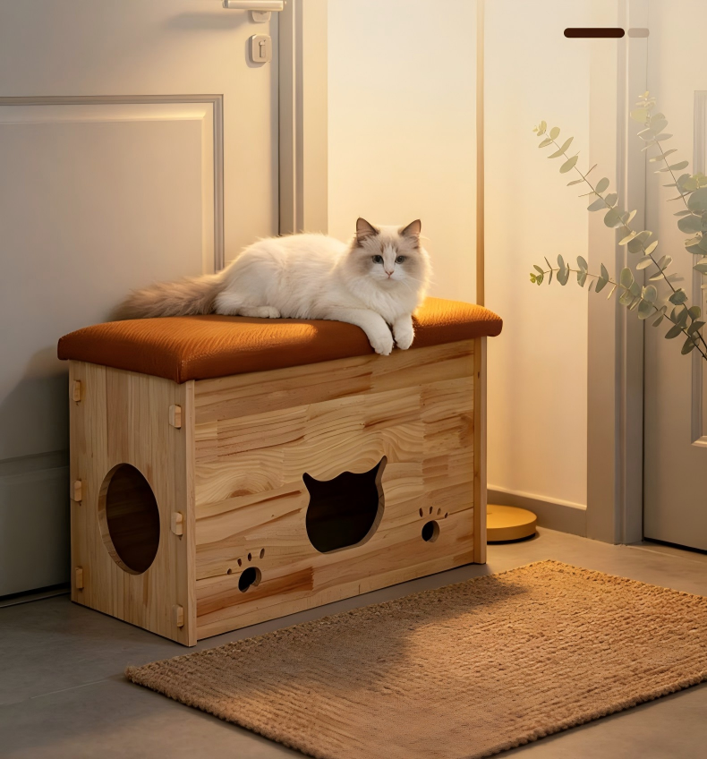 Solid Wood Cat House Bench, Multi-Purpose Entryway Shoe Bench for Cats