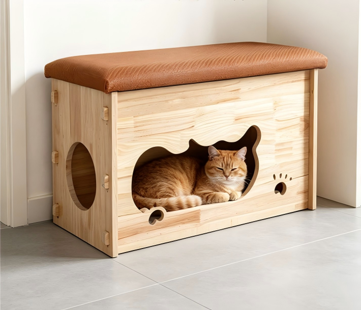 Solid Wood Cat House Bench, Multi-Purpose Entryway Shoe Bench for Cats