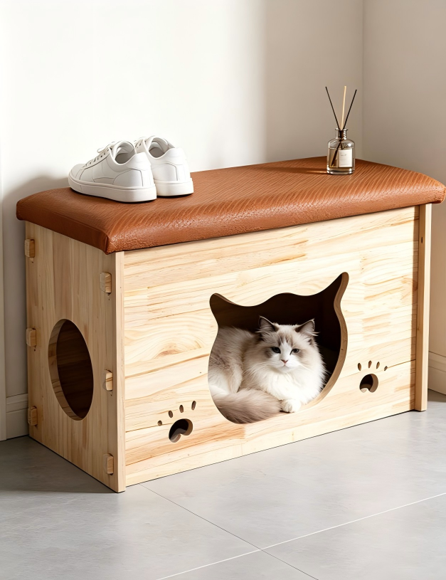 Solid Wood Cat House Bench, Multi-Purpose Entryway Shoe Bench for Cats