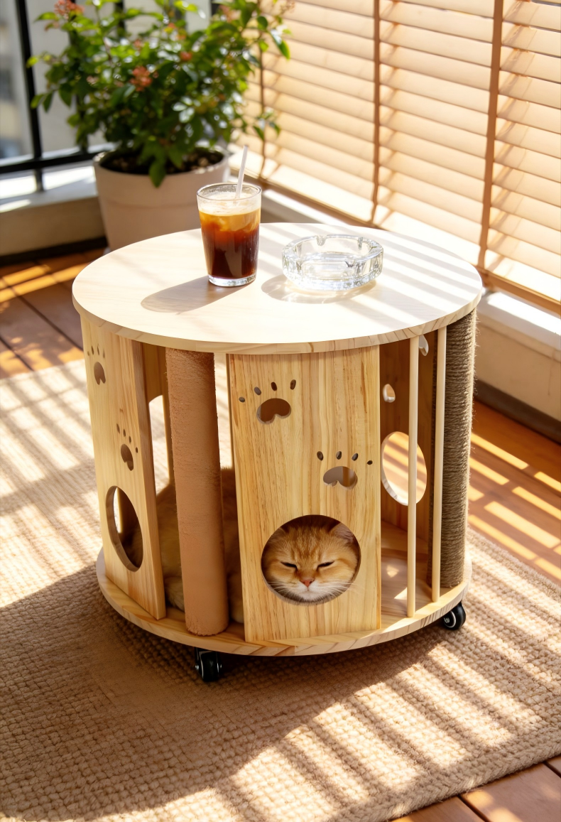 Large Solid Wood Cat Coffee Table, Modern Cat Cave with Scratching Posts
