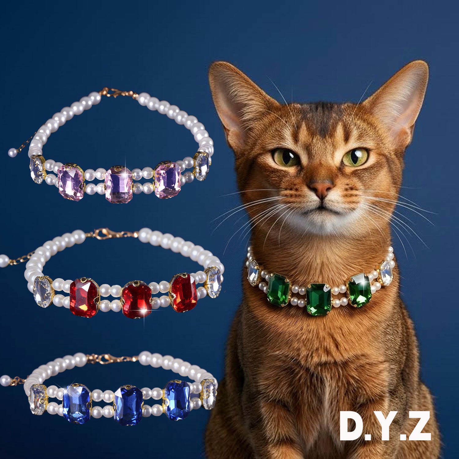 Luxury Rhinestone Pearl Cat Collar, Bling Gem Crystal Pet Necklace, Adjustable Elegant Kitten Puppy Dress Up Jewelry Collar for Small Pets